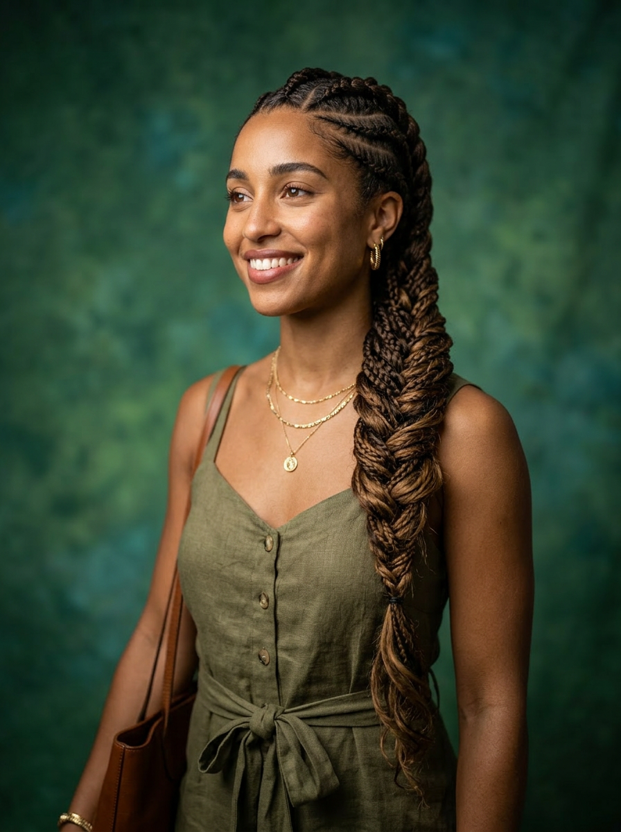 Model with long feed-in cornrow braids