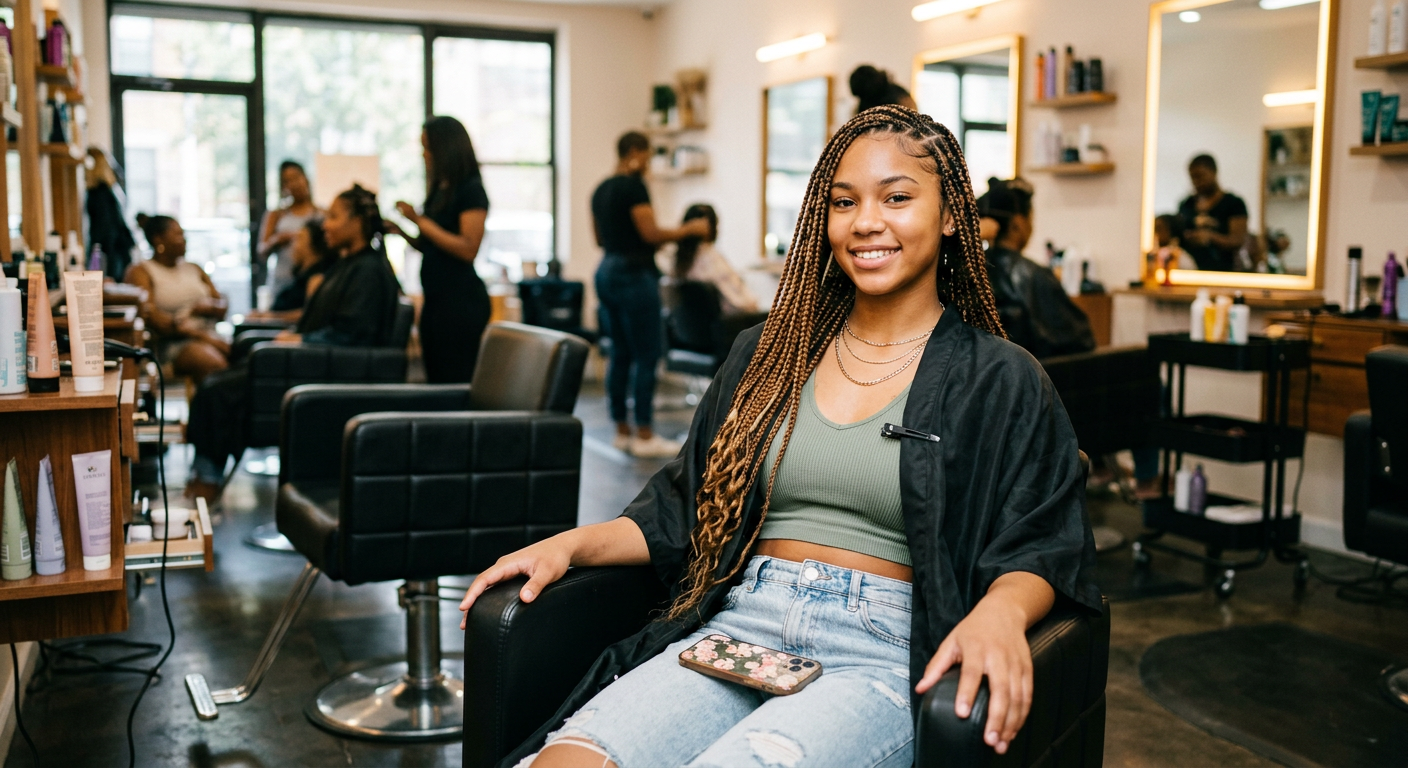 Client in salon chair with knotless braids